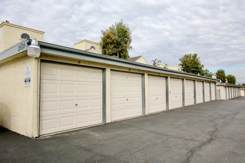 Row of enclosed garage units at Vista Del Rio in Santee, CA