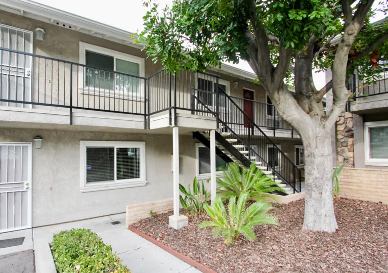 Walkways and shrubbery outside of condominuums in the Buena Vista community of Spring Valley, California.