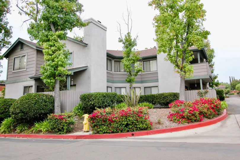Corner units with ample hedges, tall trees, and flowers adjacent to roadway in Ranchwood Park