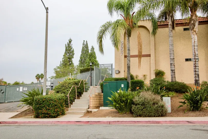 A sunny day in the area of Summertree, outside, palm trees, street light, stairs, condo
