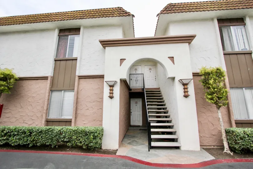 A front view of an apartment building in the Terraza community in Spring Valley, California