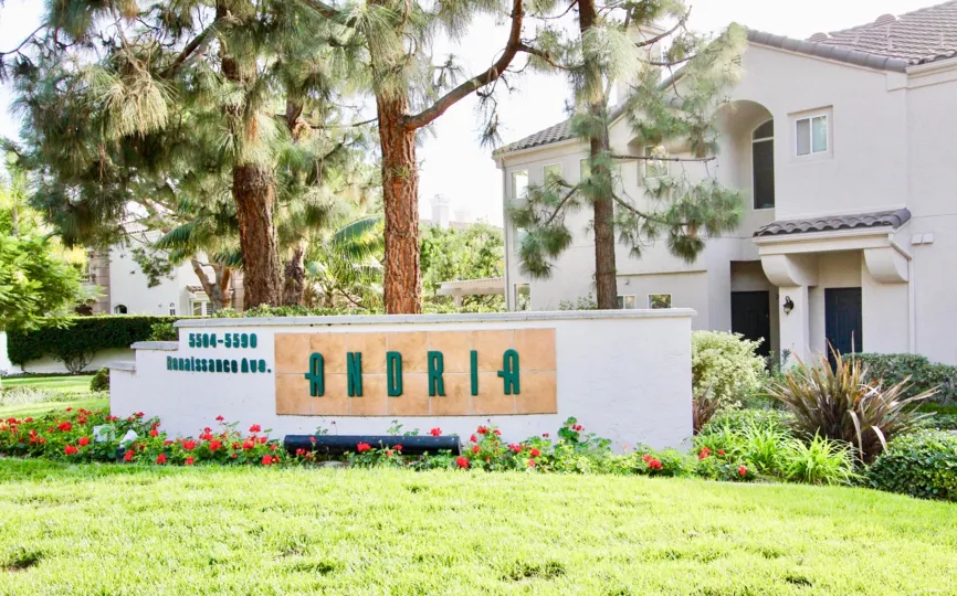 The welcome sign and front lawn at Andria in University City, CA
