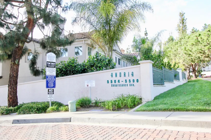 Manicured lawns and trees at Andria in University City, California.