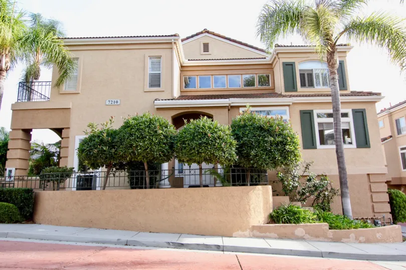 Slope road in front of the huge house numbered 7210 with palm trees in Avanti.