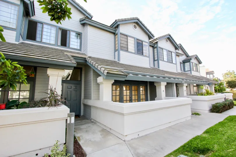 Front entry of apartment complex in the Cambridge Terrace community of University City, California.
