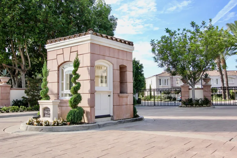 Entrance of the building decorated with trees plants in Casabella