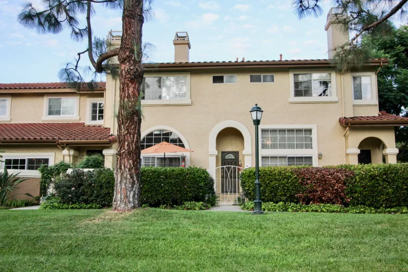 A green lawn with a tall tree and a lamppost before a house in Madrid neighborhood