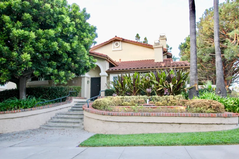 Lush landscaping creates beauty and privacy at Madrid in University City, California.