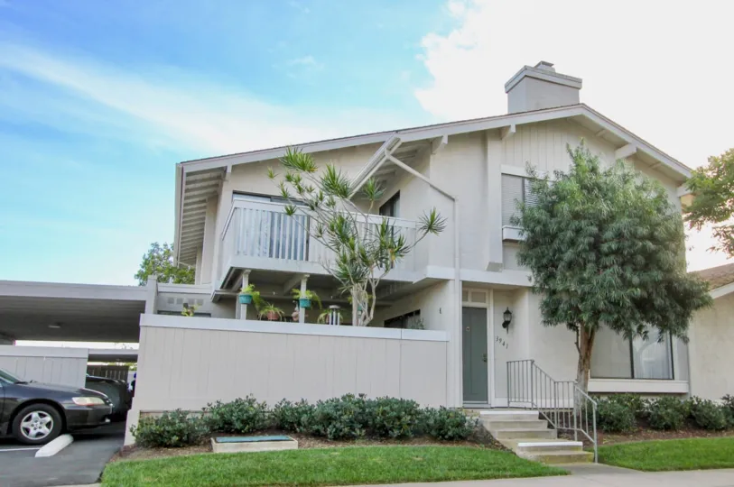 Private balconies and patios at Playmor Terrace West in University City, California.