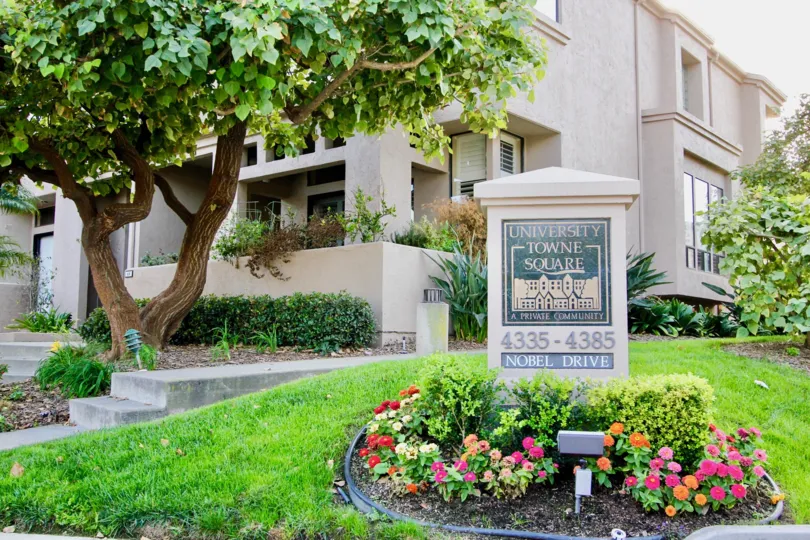 Charming signage and landscaping at University Towne Square in University City, California.