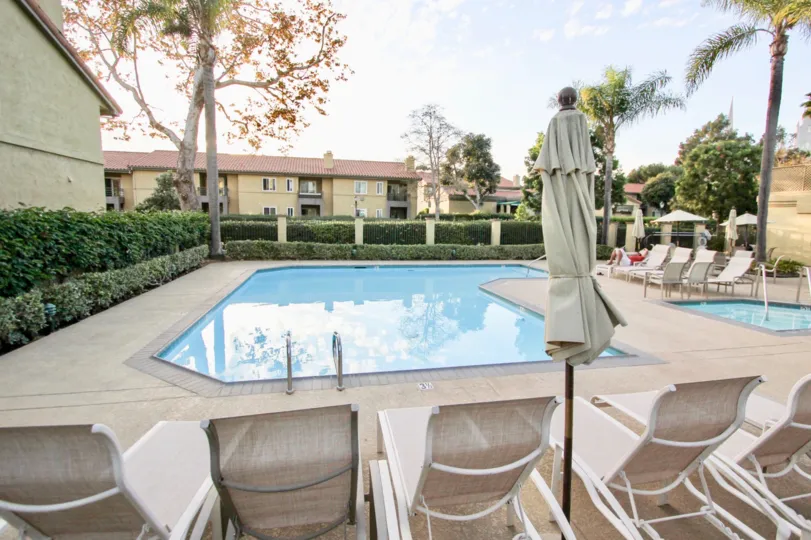 A lonely summer day at the swimming pool in the Verano community of University City, California with nobody to chat