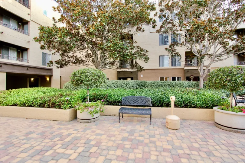 An outside sitting area of the Villa Vincenza community in University City in CA