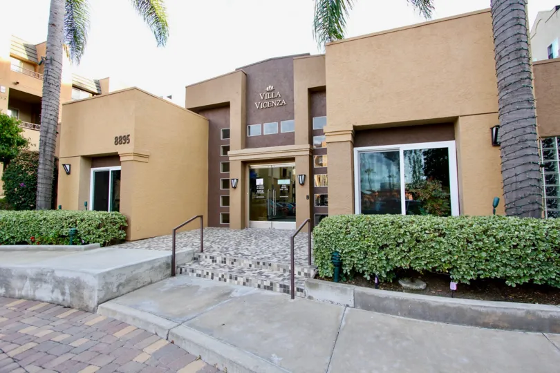 Imposing facade at Villa Vicenza in University City, California.