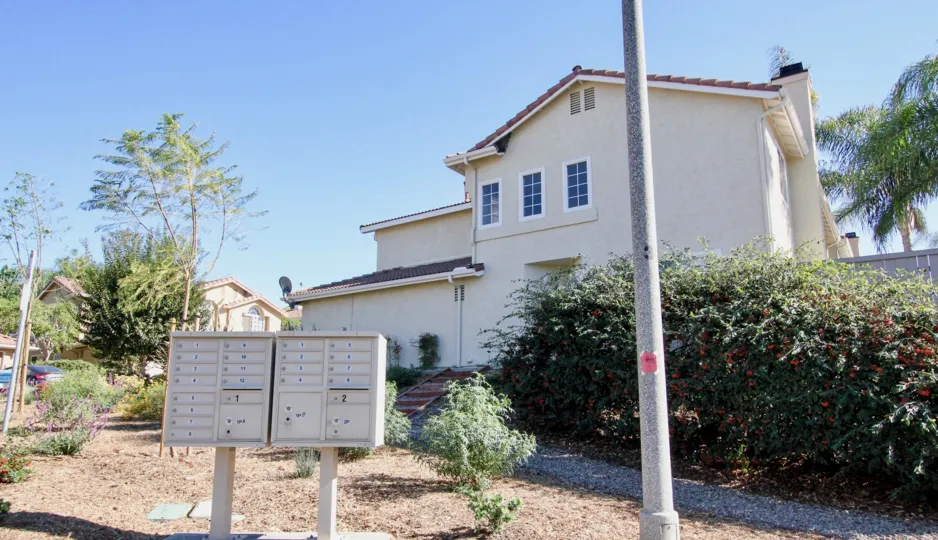 Postal boxes is placed near the lamp of the street in the sand with bushes and plants