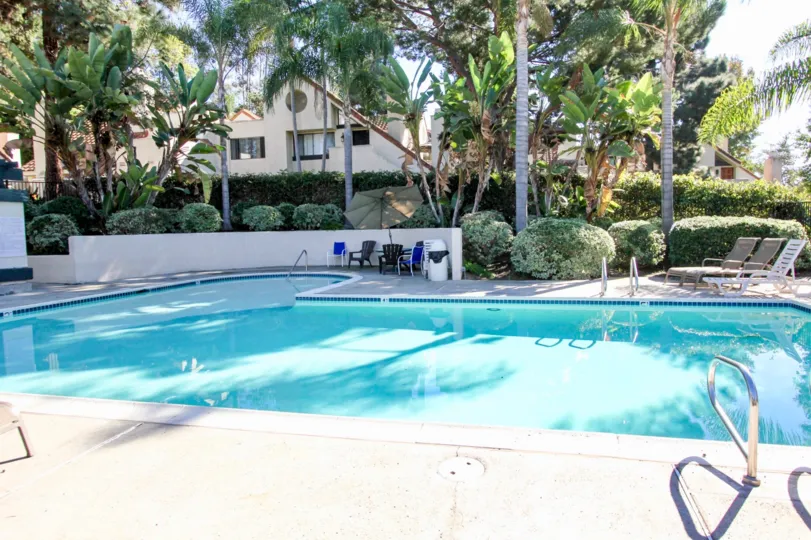 A sunny poolside scene in Melrose Park Vista, California with an in-ground pool and lounge chairs