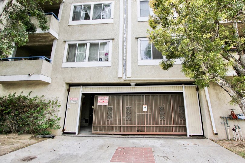 The parking garage for residents of Junipero Heights in Long Beach, California