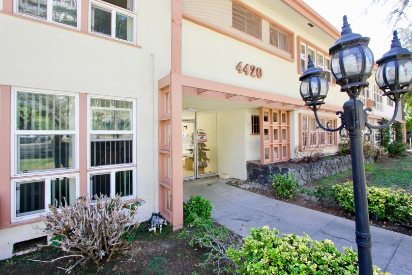 The sidewalk into Franklin Manor in Los Feliz, California
