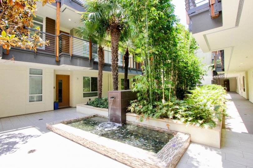 A building in the Primera Terra neighborhood with multiple balconies and palm trees in the courtyard
