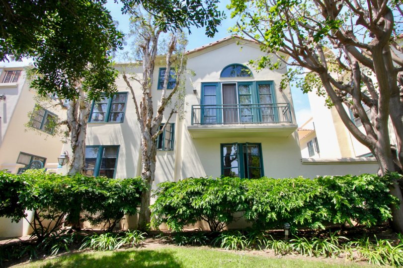Big white building in santa monica with blue windows and many trees