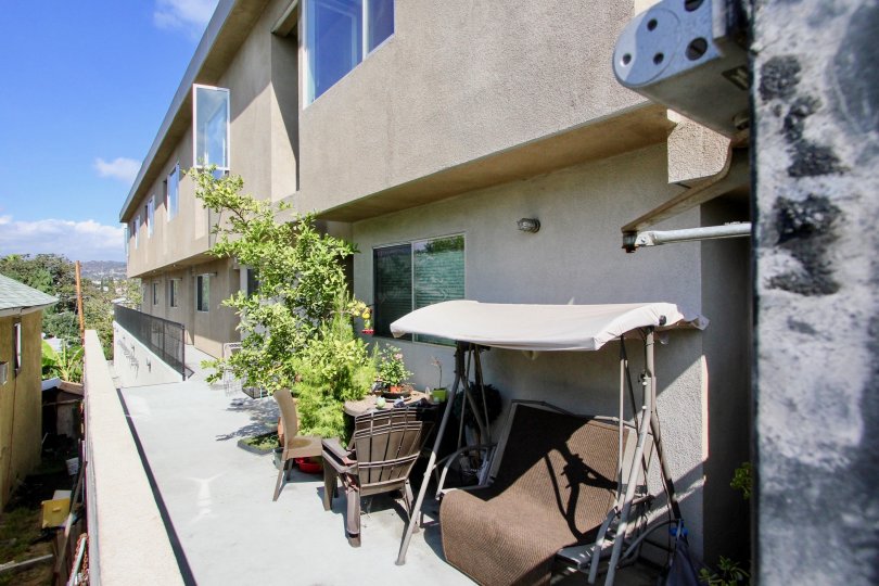 The patios outside of Monroe Heights units