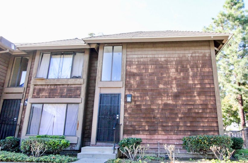A sunny day in the Sutter Creek Townhomes with glass windows and plants.