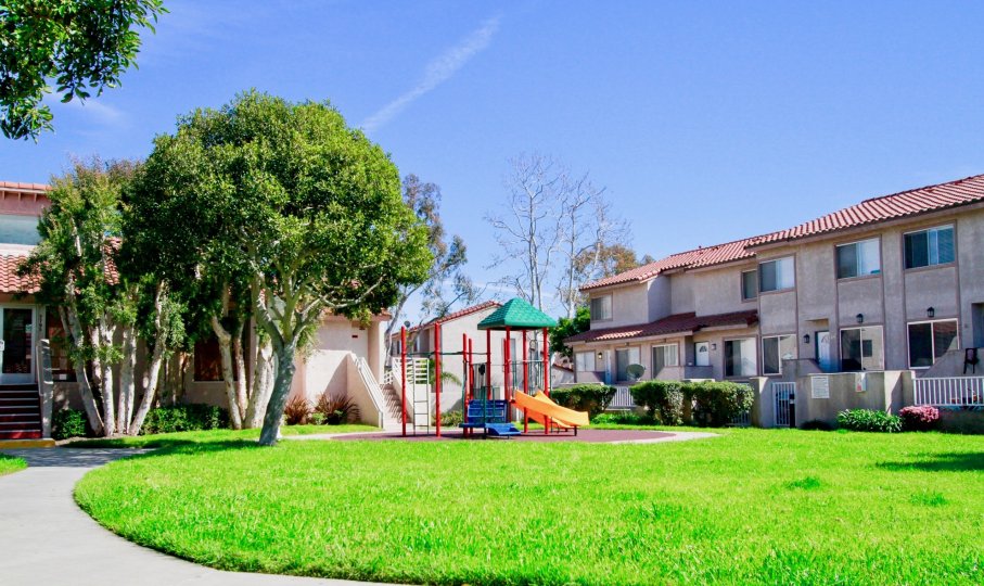 Seaside Village park with a playground and trees on a sunny day.