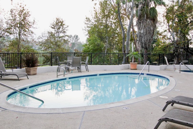 A SWIMMING POOL IN THE BIG CANYON MCLAIN WITH THE CHAIRS, FLOWER POT, PLANTS, TREES