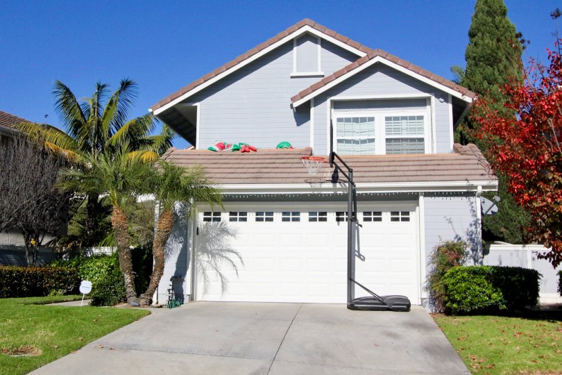A beautiful house with a garrage at the front and it is surrounded by trees and a red coloured tree