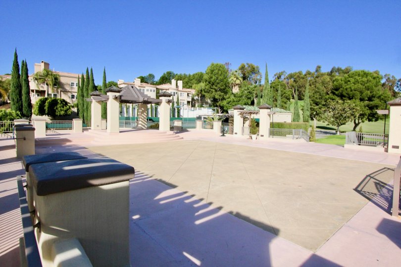 An empty patio is surrounded by fences at the Marbella Golf Villas