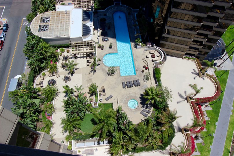 High sky view of rooftop pools in Harbor Club Downtown San Diego CA.