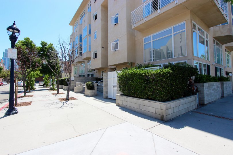 A sunny day outside an apartment building with nice hedges in Downtown San Diego