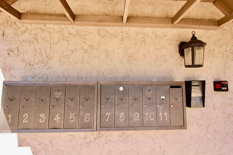Mail boxes, Hilltop Condominiums, Normal Heights, California, Secure Entrance, Lighted, Stucco, tan