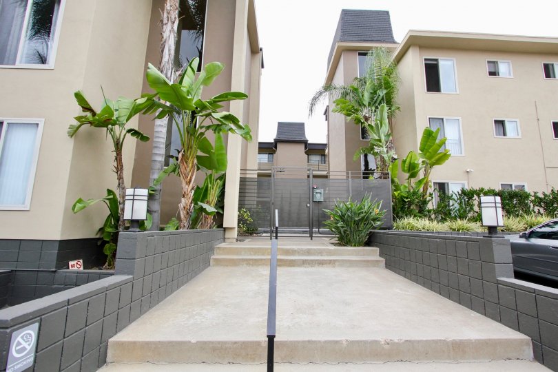 On the stairs in view of the Louisiana Condominiums in North Parth, CA