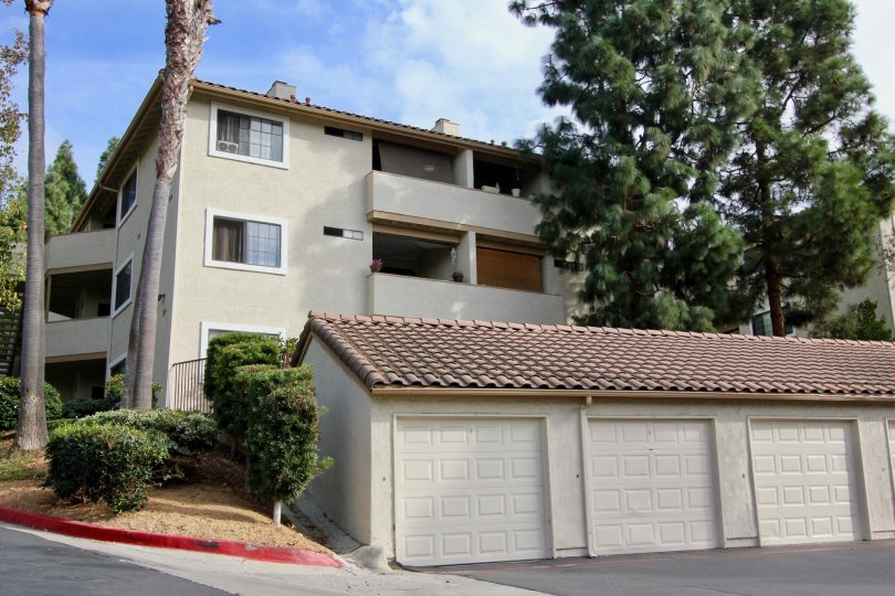 Vista Way Village Oceanside California, great view of three story complex with garages for parking and storage.